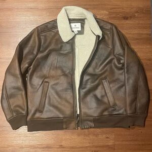 RAINFOREST Brown Leather Bomber Jacket with Shearling Collar